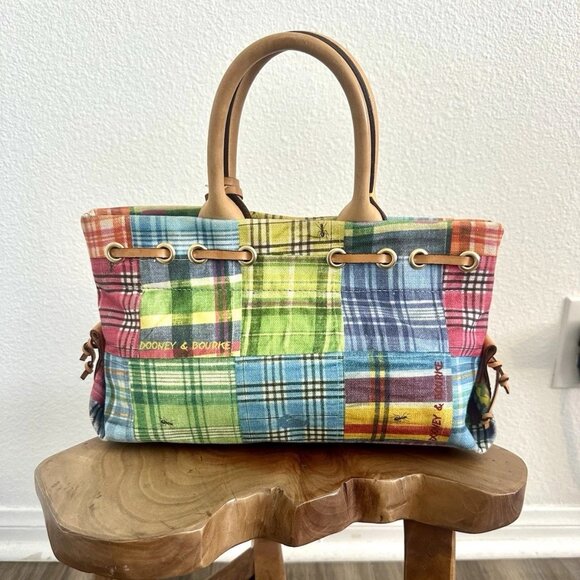 Dooney & Bourke Ants at Picnic Madras Plaid Canvas Leather Top Handle Bag Charm - Picture 7 of 14